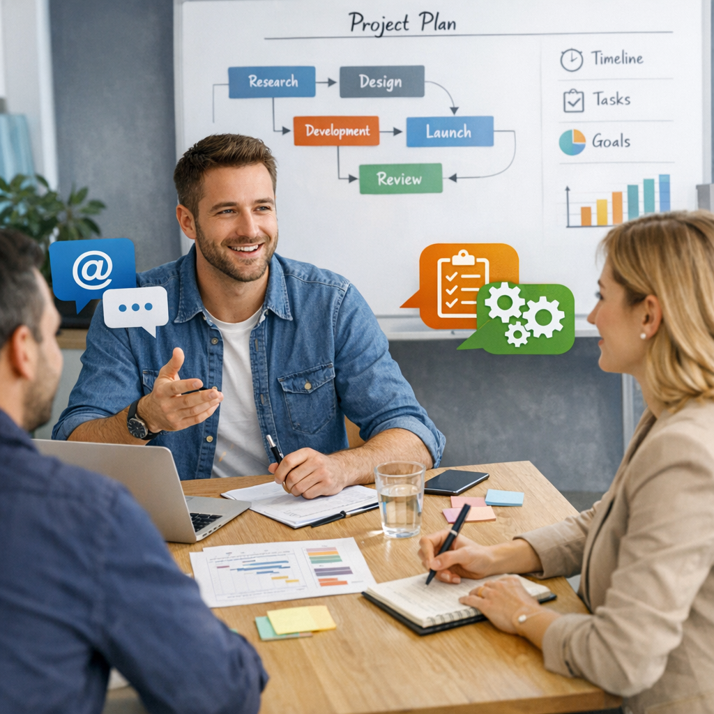 Freelance en réunion client, illustrant la communication et la gestion de projet